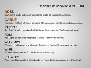 Opciones de conexión a INTERNET:
ADSL
Asymmetric Digital Subscriber Line (Línea Digital de Suscriptor Asimétrica)
CABLE
Televisión, Teléfono e Internet por cable (Demarcaciones por Comunidades Autónomas)
RTC/RTB
Red Telefónica Conmutada o Red Telefónica Básica (Acceso Telefónico tradicional)
RDSI
Red Digital de Servicios Integrados (Acceso Telefónico tradicional)
WLL-LMDS
Wireless Local Loop - Local Multipoint Distribution System (Acceso local vía radio)
WI-FI
WIreless FIdelity - redes 802.11 (Fidelidad inalámbrica)
PLC o BPL
Power Line Comunicator o Broadband over Power Lines (Acceso por la red Eléctrica)
 