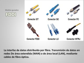 FDDI
La interfaz de datos distribuida por fibra. Transmisión de datos en
redes De área extendida (WAN) o de área local (LAN), mediante
cables de fibra óptica.
Medios guiados
 