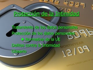 Protección de la Intimidad Tratamiento de los datos personales Protección de los datos personales ♠  Normativa de la UE Delitos contra la Intimidad Glosario 