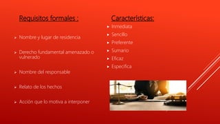 Requisitos formales :
 Nombre y lugar de residencia
 Derecho fundamental amenazado o
vulnerado
 Nombre del responsable
 Relato de los hechos
 Acción que lo motiva a interponer
Características:
 Inmediata
 Sencillo
 Preferente
 Sumario
 Eficaz
 Especifica
 