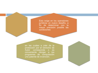 Esto exige en los operadores
jurídicos un nuevo desafío, a
fin de determinar con la
mayor precisión posible las
condiciones
en las cuales a más de la
protección por el Derecho de
Autor corresponde o es
conveniente otorgar a los
programas de computación
una patente de invención.
 