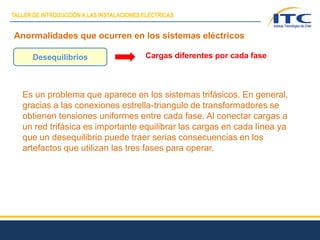 Anormalidades que ocurren en los sistemas eléctricos
Es un problema que aparece en los sistemas trifásicos. En general,
gracias a las conexiones estrella-triangulo de transformadores se
obtienen tensiones uniformes entre cada fase. Al conectar cargas a
un red trifásica es importante equilibrar las cargas en cada línea ya
que un desequilibrio puede traer serias consecuencias en los
artefactos que utilizan las tres fases para operar.
Desequilibrios Cargas diferentes por cada fase
TALLER DE INTRODUCCIÓN A LAS INSTALACIONES ELÉCTRICAS
 