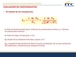 EVALUACIÓN DE CORTOCIRCUITOS
• El método de las impedancias
c: factor de tensión tomado igual a 0,95 para los cortocircuitos mínimos y a 1,05 para
los cortocircuitos máximos
m: factor de carga, tomado igual a 1,05
V0: tensión de la instalación entre fase y neutro, en V
ZCC: impedancia total del bucle de falla en el punto considerado. Es la suma vectorial de
las resistencias y reactancias que componen el bucle.
TALLER DE INTRODUCCIÓN A LAS INSTALACIONES ELÉCTRICAS
 
