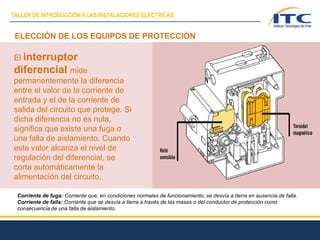 ELECCIÓN DE LOS EQUIPOS DE PROTECCIÓN
El interruptor
diferencial mide
permanentemente la diferencia
entre el valor de la corriente de
entrada y el de la corriente de
salida del circuito que protege. Si
dicha diferencia no es nula,
significa que existe una fuga o
una falla de aislamiento. Cuando
este valor alcanza el nivel de
regulación del diferencial, se
corta automáticamente la
alimentación del circuito.
Corriente de fuga: Corriente que, en condiciones normales de funcionamiento, se desvía a tierra en ausencia de falla.
Corriente de falla: Corriente que se desvía a tierra a través de las masas o del conductor de protección como
consecuencia de una falla de aislamiento.
TALLER DE INTRODUCCIÓN A LAS INSTALACIONES ELÉCTRICAS
 