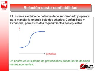 Relación costo-confiabilidad
Confiabilidad
$
El Sistema eléctrico de potencia debe ser diseñado y operado
para manejar la energía bajo dos criterios: Confiabilidad y
Economía, pero estos dos requerimientos son opuestos.
Un ahorro en el sistema de protecciones puede ser la decisión
menos economica.
 