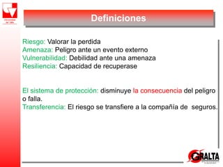 Definiciones
Riesgo: Valorar la perdida
Amenaza: Peligro ante un evento externo
Vulnerabilidad: Debilidad ante una amenaza
Resiliencia: Capacidad de recuperase
El sistema de protección: disminuye la consecuencia del peligro
o falla.
Transferencia: El riesgo se transfiere a la compañía de seguros.
 
