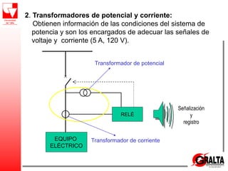 2. Transformadores de potencial y corriente:
Obtienen información de las condiciones del sistema de
potencia y son los encargados de adecuar las señales de
voltaje y corriente (5 A, 120 V).
EQUIPO
ELÉCTRICO
RELÉ
Señalización
y
registro
Transformador de potencial
Transformador de corriente
 