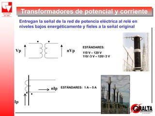 Transformadores de potencial y corriente
Entregan la señal de la red de potencia eléctrica al relé en
niveles bajos energéticamente y fieles a la señal original
Vp nVp
ESTÁNDARES:
110 V – 120 V
110/√3 V – 120/√3 V
Ip
nIp ESTÁNDARES: 1 A – 5 A
 