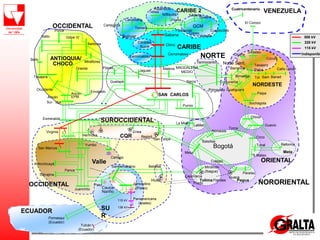 San Marcos
Meta
Tasajera
Guatapé
Ancón
EPM
Esmeralda
Purnio
La Miel
Virginia
Yumbo
SAN CARLOS
ANTIOQUIA/
CHOCÓ
SUROCCIDENTAL
NORTE
CQR
Sierra
Sochagota
Primavera
Comuneros
Guatiguará
NORDESTE
Termocentro
Malena MAGDALENA
MEDIO
OCCIDENTAL
Valle
Cauca
Nariño
Huila
Bogotá
Pagua
Mesa
Noroeste
Hermosa
SU
R
Ancón
Sur ISA
Paez Jamondino
(Pasto)
Norte Sant.
S/Mateo
El Corozo
VENEZUELA
Cuatricentenario
Panamericana
(Ipiales)
Tulcán
(Ecuador)
ECUADOR
Oriente
Envigado
Miraflores
Barbosa
Tunal Reforma
Guavio
Chivor
Tolima
Jaguas
Cerromatoso
Chinú
GCM
Atlántico
Bolívar
Cerromatoso
CARIBE
CARIBE 2
Cuestecitas
San Felipe
Betania
ORIENTAL
Torca
Circo
Cúcuta
Ocaña
Tasajero
Palos Caño Limón
Paraíso
S.Mateo
Balsillas
Gdpe IV
Porce
Salto
Occidente
Bello
Córdoba
Sucre
Ternera
Candelaria
Cartagena
Flores
N/Bquilla
Tebsa
Copey
V/dupar.
Fundación
S/Marta
Guajira
Sabana
A.Anchicayá
Salvajina
Pance
Juanchito
OCCIDENTAL
Paipa
Barranca
B/manga
Enea
Playas
LaMiel
Cartago
NORORIENTAL
Mirolindo
(Ibague)
Flandes
/
Prado
Cajamarca
Regivit
Colegio
/
Pomasqui
(Ecuador)
SanBernardino
Guaca
Sam Banad
500 kV
220 kV
115 kV
Indisponibl
115 kV
138 kV
Tol
 