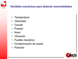 Variables mecánicas para detectar anormalidades
• Temperatura
• Velocidad
• Caudal
• Presión
• Nivel
• Vibración
• Fusible mecánico
• Contaminación de aceite
• Posición
 