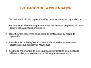 EVALUACIÓN DE LA PRESENTACIÓN
Después de finalizada la presentación, usted se siente en capacidad de:
1. Reconocer los elementos que contienen los sistemas de protección y sus
características de funcionamiento.
2. Identificar los esquemas principales de protección y su modo de
operación.
3. Identificar la simbología usadas en los planos de las protecciones
eléctricas según las normas ANSI e IEEE.
4. Resalta la importancia de los esquemas de protección en un circuito
eléctrico y las principales características que deben cumplir.
 