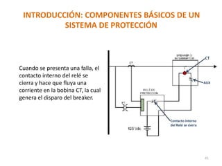 INTRODUCCIÓN: COMPONENTES BÁSICOS DE UN
SISTEMA DE PROTECCIÓN
CT
Cuando se presenta una falla, el
contacto interno del relé se
cierra y hace que fluya una
corriente en la bobina CT, la cual
genera el disparo del breaker.
AUX
Contacto interno
del Relé se cierra
45
 