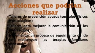 •Talleres de prevención abusos (sexuales, físicos
y psicológicos)
•Talleres para mejorar la comunicación de los
padres-hijos
•Incrementar un proceso de seguimiento donde
se mantengan las terapias familiares
mensuales.
Acciones que podrían
realizar
 