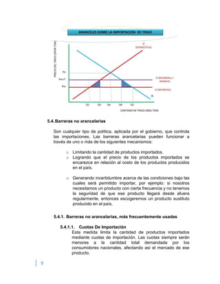 9
5.4.Barreras no arancelarias
Son cualquier tipo de política, aplicada por el gobierno, que controla
las importaciones. Las barreras arancelarias pueden funcionar a
través de uno o más de los siguientes mecanismos:
o Limitando la cantidad de productos importados.
o Logrando que el precio de los productos importados se
encarezca en relación al costo de los productos producidos
en el país.
o Generando incertidumbre acerca de las condiciones bajo las
cuales será permitido importar, por ejemplo: si nosotros
necesitamos un producto con cierta frecuencia y no tenemos
la seguridad de que ese producto llegará desde afuera
regularmente, entonces escogeremos un producto sustituto
producido en el país.
5.4.1. Barreras no arancelarias, más frecuentemente usadas
5.4.1.1. Cuotas De Importación
Esta medida limita la cantidad de productos importados
mediante cuotas de importación. Las cuotas siempre serán
menores a la cantidad total demandada por los
consumidores nacionales, afectando así el mercado de ese
producto.
 