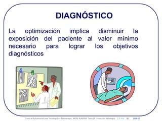 DIAGNÓSTICO
La optimización implica disminuir la
exposición del paciente al valor mínimo
necesario para lograr los objetivos
diagnósticos
Curso de Actualización para Tecnólogos en Radioterapia. ARCAL RLA6/058 Tema 24 : Protección Radiológica D. B Feld 32 2008-10
 