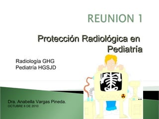 Protección Radiológica enProtección Radiológica en
PediatríaPediatría
Radiología GHG
Pediatría HGSJD
Dra. Anabella Vargas Pineda.
OCTUBRE 6 DE 2010
 