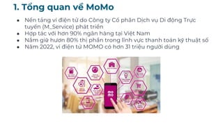 1. Tổng quan về MoMo
● Nền tảng ví điện tử do Công ty Cổ phân Dịch vụ Di động Trực
tuyến (M_Service) phát triển
● Hợp tác với hơn 90% ngân hàng tại Việt Nam
● Nắm giữ hươn 80% thị phần trong lĩnh vực thanh toán kỹ thuật số
● Năm 2022, ví điện tử MOMO có hơn 31 triệu người dùng
 