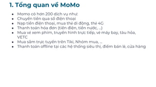 1. Tổng quan về MoMo
● Momo có hơn 200 dịch vụ như:
● Chuyển tiền qua số điện thoại
● Nạp tiền điện thoại, mua thẻ di động, thẻ 4G
● Thanh toán hóa đơn (tiền điện, tiền nước, ...)
● Mua vé xem phim, truyền hình trực tiếp, vé máy bay, tàu hỏa,
VETC
● Mua sắm trực tuyến trên Tiki, Nhóm mua, ...
● Thanh toán offline tại các hệ thống siêu thị, điểm bán lẻ, cửa hàng
 