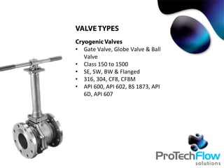 VALVE TYPES
Cryogenic Valves
•  Gate	
  Valve,	
  Globe	
  Valve	
  &	
  Ball	
  
Valve	
  
•  Class	
  150	
  to	
  1500	
  
•  SE,	
  SW,	
  BW	
  &	
  Flanged	
  
•  316,	
  304,	
  CF8,	
  CF8M	
  
•  API	
  600,	
  API	
  602,	
  BS	
  1873,	
  API	
  
6D,	
  API	
  607	
  
 