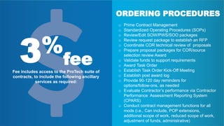 ORDERING PROCEDURES
o Prime Contract Management
o Standardized Operating Procedures (SOPs)
o Review/Edit SOW/PWS/SOO packages
o Review request package to establish an RFP
o Coordinate COR technical review of proposals
o Prepare proposal packages for COR/source
selection review Award
o Validate funds to support requirements
o Award Task Order
o Establish Task Order Kick-Off Meeting
o Establish post award log
o Provide 90-120 day reminders for
options/follow-ons, as needed
o Evaluate Contractor’s performance via Contractor
Performance Assessment Reporting System
(CPARS)
o Conduct contract management functions for all
mods (i.e., Can include, POP extensions,
additional scope of work, reduced scope of work,
adjustment of funds, administrative)
3%
feeFee includes access to the ProTech suite of
contracts, to include the following ancillary
services as required:
 