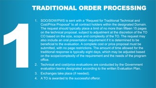 TRADITIONAL ORDER PROCESSING
1. SOO/SOW/PWS is sent with a “Request for Traditional Technical and
Cost/Price Proposal” to all contract holders within the designated Domain.
The request should typically place a limit of no more than fifteen 15 pages
on the technical proposal, subject to adjustment at the discretion of the TO
CO based on the size, scope and complexity of the TO. The request may
also include an oral presentation requirement if it is determined to be
beneﬁcial to the evaluation. A complete cost or price proposal must be
submitted, with no page restrictions. The amount of time allowed for the
traditional response is typically eight days, which may be adjusted based
on the scope/complexity of the requirement and the needs of the program
office.
2. Technical and cost/price evaluations are conducted by the Government
evaluation teams designated according to the written Evaluation Plan.
3. Exchanges take place (if needed).
4. A TO is awarded to the successful offeror.
 