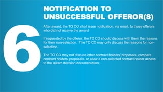 NOTIFICATION TO
UNSUCCESSFUL OFFEROR(S)
After award, the TO CO shall issue notification, via email, to those offerors
who did not receive the award
If requested by the offeror, the TO CO should discuss with them the reasons
for their non-selection. The TO CO may only discuss the reasons for non-
selection.
The TO CO may not discuss other contract holders’ proposals, compare
contract holders’ proposals, or allow a non-selected contract holder access
to the award decision documentation.
 