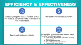EFFICIENCY & EFFECTIVENESS
005-money-bag.png
Mandatory usage for NOAA, available to DOC
and bureaus. Exceptions will be evaluated on a
case-by-case basis.
ProTech fee for service sustainment
Spend analysis through visibility
Consolidation of similar services; does not invoke
“bundling” regulatory analysis
 Dollar savings of greater than 15% exceed regulatory
guidance of 5%
 Reduced transaction costs
 Reduced Program Management costs
 Reduced prices paid to vendors
 
