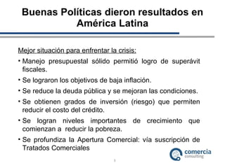 Buenas Políticas dieron resultados en América Latina Mejor situación para enfrentar la crisis: Manejo presupuestal sólido permitió logro de superávit fiscales. Se lograron los objetivos de baja inflación. Se reduce la deuda pública y se mejoran las condiciones. Se obtienen grados de inversión (riesgo) que permiten reducir el costo del crédito. Se logran niveles importantes de crecimiento que comienzan a  reducir la pobreza. Se profundiza la Apertura Comercial: vía suscripción de Tratados Comerciales 