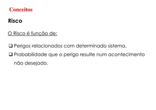 Conceitos
Risco
 Perigos relacionados com determinado sistema.
 Probabilidade que o perigo resulte num acontecimento
não desejado.
O Risco é função de:
 