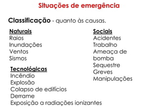 Classificação - quanto às causas.
Naturais
Raios
Inundações
Ventos
Sismos
Sociais
Acidentes
Trabalho
Ameaça de
bomba
Sequestre
Greves
Manipulações
Tecnológicas
Incêndio
Explosão
Colapso de edifícios
Derrame
Exposição a radiações ionizantes
 