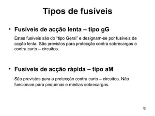 12
• Fusíveis de acção lenta – tipo gG
Estes fusíveis são do “tipo Geral” e designam-se por fusíveis de
acção lenta. São previstos para protecção contra sobrecargas e
contra curto – circuitos.
• Fusíveis de acção rápida – tipo aM
São previstos para a protecção contra curto – circuitos. Não
funcionam para pequenas e médias sobrecargas.
Tipos de fusíveis
 