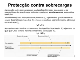 13
Protecção contra sobrecargas
A protecção contra sobrecargas das canalizações eléctricas é assegurada se as
características dos aparelhos de protecção respeitarem simultaneamente as seguintes
condições:
A corrente estipulada do dispositivo de protecção (In) seja maior ou igual à corrente de
serviço da canalização respectiva (IB) e menor ou igual que a corrente máxima admissível
na canalização (IZ).
IB ≤ In ≤ IZ
A corrente convencional de funcionamento do dispositivo de protecção (I2) seja menor ou
igual que 1,45 a corrente máxima admissível na canalização (IZ).
I2 ≤ 1,45 IZ
 