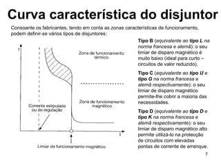 7
Curva característica do disjuntor
Tipo B (equivalente ao tipo L na
norma francesa e alemã): o seu
limiar de disparo magnético é
muito baixo (ideal para curto –
circuitos de valor reduzido).
Tipo C (equivalente ao tipo U e
tipo G na norma francesa e
alemã respectivamente): o seu
limiar de disparo magnético
permite-lhe cobrir a maioria das
necessidades.
Tipo D (equivalente ao tipo D e
tipo K na norma francesa e
alemã respectivamente): o seu
limiar de disparo magnético alto
permite utilizá-lo na protecção
de circuitos com elevadas
pontas de corrente de arranque.
Consoante os fabricantes, tendo em conta as zonas características de funcionamento,
podem definir-se vários tipos de disjuntores:
 