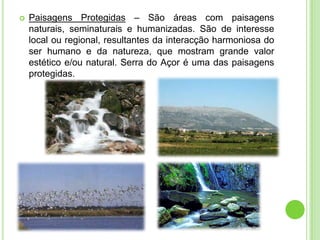 Áreas protegidas – Conservação e AmeaçasÁreas protegidas são áreas destinadas á conservação dos principais ecossistemas e das espécies animais e vegetais em risco. A conservação da natureza é fundamental para o desenvolvimento e para a articulação dos diferentes aspectos naturais, que compõem a paisagem e o território sempre em alteração. Para que os objectivos da conservação sejam alcançados, a escolha das áreas para a conservação da natureza tem que ser realizada tendo em conta um conjunto diversificado de factores, os mais importantes são aspectos biológicos e ecológicos.Os problemas que afectam a biodiversidade (variedade total de vida na terra) dependem em particular da destruição de habitats, a sua degradação e fragmentação, resultam em muitos casos da falta de conciliação entre as várias actividades que se cruzam num determinado território. Assim, é importante criar uma interligação entre as diferentes áreas de conservação através de corredores ecológicos. 