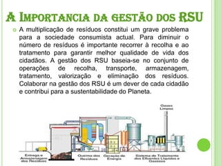 A Importancia da gestão dos RSUA multiplicação de resíduos constitui um grave problema para a sociedade consumista actual. Para diminuir o número de resíduos é importante recorrer à recolha e ao tratamento para garantir melhor qualidade de vida dos cidadãos. A gestão dos RSU baseia-se no conjunto de operações de recolha, transporte, armazenagem, tratamento, valorização e eliminação dos resíduos. Colaborar na gestão dos RSU é um dever de cada cidadão e contribui para a sustentabilidade do Planeta.