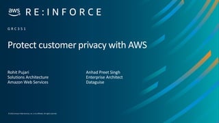 © 2019,Amazon Web Services, Inc. or its affiliates. All rights reserved.
Protect customer privacy with AWS
Rohit Pujari
Solutions Architecture
Amazon Web Services
G R C 3 5 1
Anhad Preet Singh
Enterprise Architect
Dataguise
 