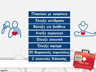 Πλησίασε με ασφάλεια
Έλεγξε αντίδραση
Φώναξε για βοήθεια
Άνοιξε αεραγωγό
Έλεγξε αναπνοή
Έλεγξε σφυγμό
30 θωρακικές συμπιέσεις
2 αναπνοές διάσωσης
 