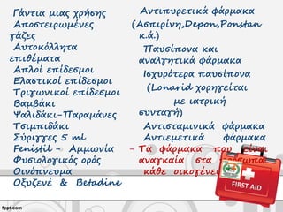 Γάντια μιας χρήσης
Αποστειρωμένες
γάζες
Αυτοκόλλητα
επιθέματα
Απλοί επίδεσμοι
Ελαστικοί επίδεσμοι
Τριγωνικοί επίδεσμοι
Βαμβάκι
Ψαλιδάκι-Παραμάνες
Τσιμπιδάκι
Σύριγγες 5 ml
Fenistil - Αμμωνία
Φυσιολογικός ορός
Οινόπνευμα
Οξυζενέ & Betadine
Αντιπυρετικά φάρμακα
(Ασπιρίνη,Depon,Ponstan
κ.ά.)
Παυσίπονα και
αναλγητικά φάρμακα
Ισχυρότερα παυσίπονα
(Lonarid χορηγείται
με ιατρική
συνταγή)
Αντισταμινικά φάρμακα
Αντιεμετικά φάρμακα
- Τα φάρμακα που είναι
αναγκαία στα πρόσωπα
κάθε οικογένειας
 