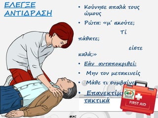 EΛΕΓΞΕ
ΑΝΤΙΔΡΑΣΗ
• Κούνησε απαλά τους
ώμους
• Ρώτα: «μ΄ ούτε;
Τί
πάθατε;
είστε
καλά;»
• Εάν ανταποκριθεί:
• Μην τον μετακινείς
• Μάθε τι συμβαίνει
• Επανεκτίμησε
τακτικά
 