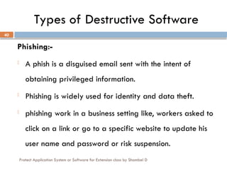 Protect Application System or Software for Extension class by Shambel D
40
Types of Destructive Software
Phishing:-
- A phish is a disguised email sent with the intent of
obtaining privileged information.
- Phishing is widely used for identity and data theft.
- phishing work in a business setting like, workers asked to
click on a link or go to a specific website to update his
user name and password or risk suspension.
 