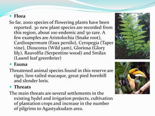 Flora
So far, 2000 species of flowering plants have been
reported. 30 new plant species are recorded from
this region, about 100 endemic and 50 rare. A
few examples are Aristolochia (Snake root),
Cardiospermum (Faux persilo), Ceropegia (Taper
vine), Dioscorea (Wild yam), Gloriosa (Glory
lily), Rauvolfia (Serpentine wood) and Smilax
(Laurel leaf greenbrier)
 Fauna
Threatened animal species found in this reserve are
tiger, lion-tailed macaque, great pied hornbill
and slender loris.
 Threats
The main threats are several settlements in the
existing hydel and irrigation projects, cultivation
of plantation crops and increase in the number
of pilgrims to Agastyakudam area.
 
