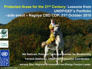 Protected Areas for the 21st Century: Lessons from UNDP/GEF’s Portfolio- side event – Nagoya CBD COP, 21st October 2010 Nik Sekhran, Principal Technical Adviser for Biodiversity Yannick Glemarec, UNDP/GEF Executive Coordinator  Adriana Dinu, Regional Environment and Energy Practice Leader Kure National Park, Turkey 