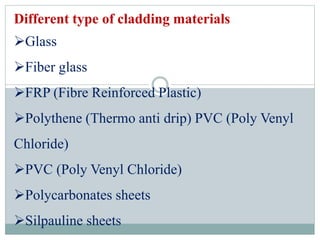Different type of cladding materials
Glass
Fiber glass
FRP (Fibre Reinforced Plastic)
Polythene (Thermo anti drip) PVC...