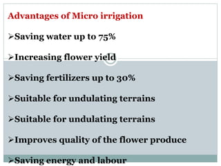 Advantages of Micro irrigation
Saving water up to 75%
Increasing flower yield
Saving fertilizers up to 30%
Suitable fo...