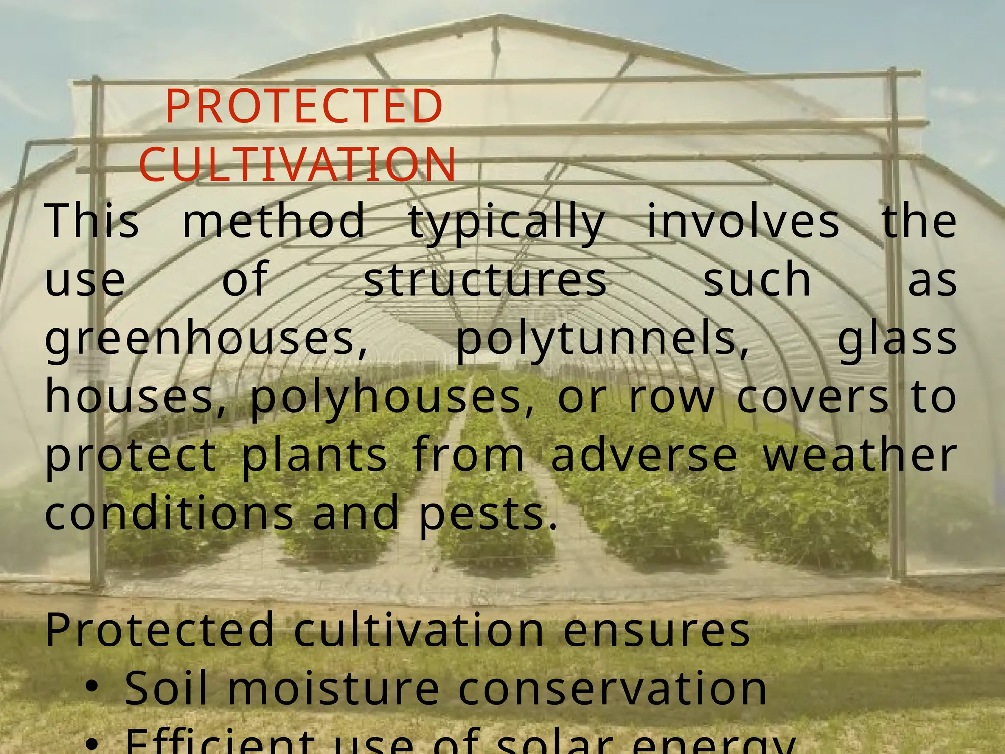 This method typically involves the
use of structures such as
greenhouses, polytunnels, glass
houses, polyhouses, or row covers to
protect plants from adverse weather
conditions and pests.
Protected cultivation ensures
• Soil moisture conservation
PROTECTED
CULTIVATION
 
