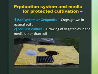 z
Production system and media
for protected cultivation –
1)Soil system or Geoponics – Crops grown in
natural soil .
2) Soil less culture - Growing of vegetables in the
media other than soil
 