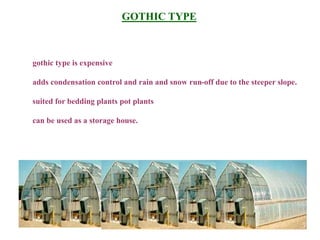 GOTHIC TYPE
gothic type is expensive
adds condensation control and rain and snow run-off due to the steeper slope.
suited for bedding plants pot plants
can be used as a storage house.
 