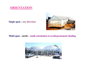 ORIENTATION
Single span – any direction
Multi span – north – south orientation to avoid permanent shading
 