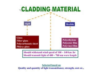 rigid flexible
Glass
Fiber glass
Polycarbonate sheet
Phlexy glass
Polyethylene
Polyester film
Polyvinyl film
Should withstand wind speed of 100 – 140 km /hr
Should transmit light of 400 – 700 nm wave length
Selected based on
Quality and quantity of light transmittance, strength, cost etc.,
 