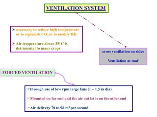VENTILATION SYSTEM
 necessary to reduce high temperature
or to replenish CO2 or to modify RH
 Air temperature above 35o C is
detrimental to many crops
cross ventilation on sides
Ventilation at roof
FORCED VENTILATION
through use of low rpm large fans (1 – 1.5 m dia)
Mounted on far end and the air out let is on the other end
Air delivery 70 to 98 m3 per second
 